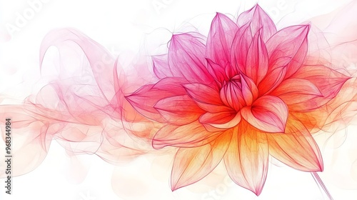 Blooming dahlia, one-line art, vibrant hues of pink and orange, watercolor highlights, artistic and elegant, ideal for wedding backgrounds or decor