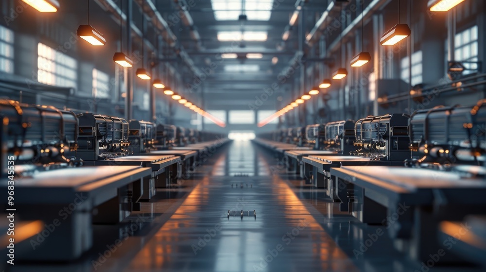 Orderly industrial workshop with various machinery equipment and workstations arranged in a grid like pattern Orderly industrial workshop with various machinery equipment and workstations arranged in a grid like pattern