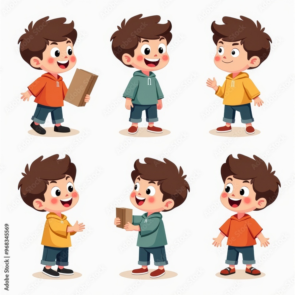 Cute Cartoon Boys in Different Poses, Smiling and Holding a Box, Illustration for Children's Design Projects and Educational Materials. Cute Cartoon Boys in Different Poses, Smiling and Holding a Box, Illustration for Children's Design Projects and Educational Materials.