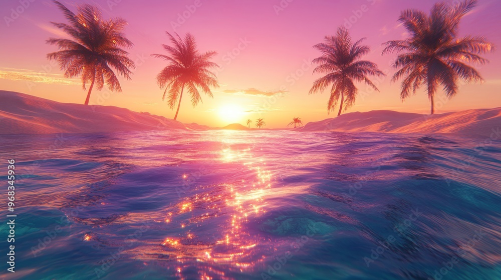 Obraz premium Sunset Over Tropical Ocean with Palm Trees and Golden Light