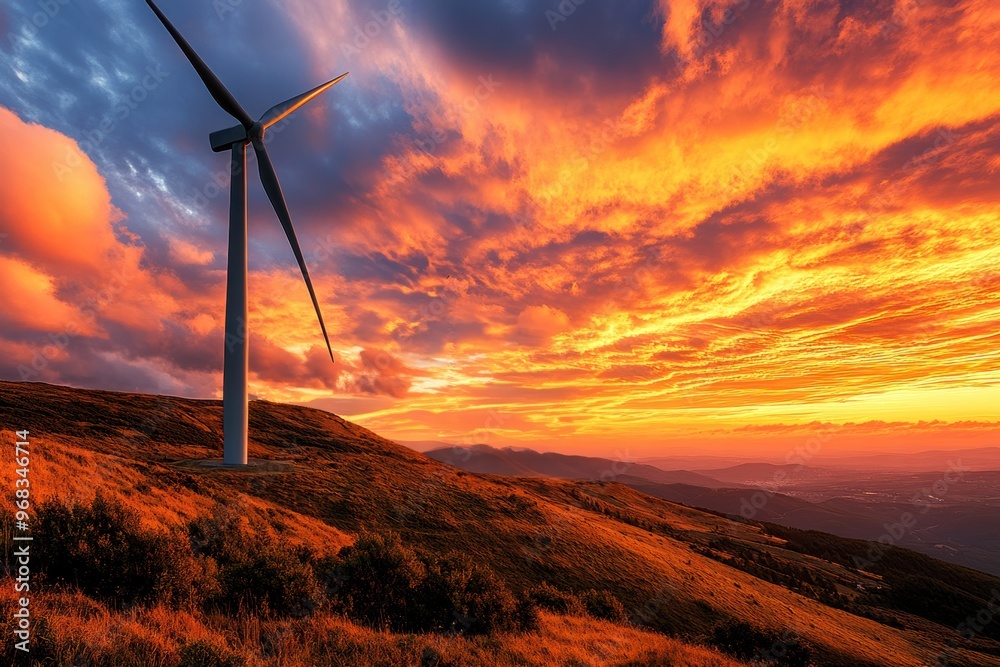 Breathtaking sunset over a wind turbine on a hill, showcasing nature's beauty and renewable energy. Breathtaking sunset over a wind turbine on a hill, showcasing nature's beauty and renewable energy.