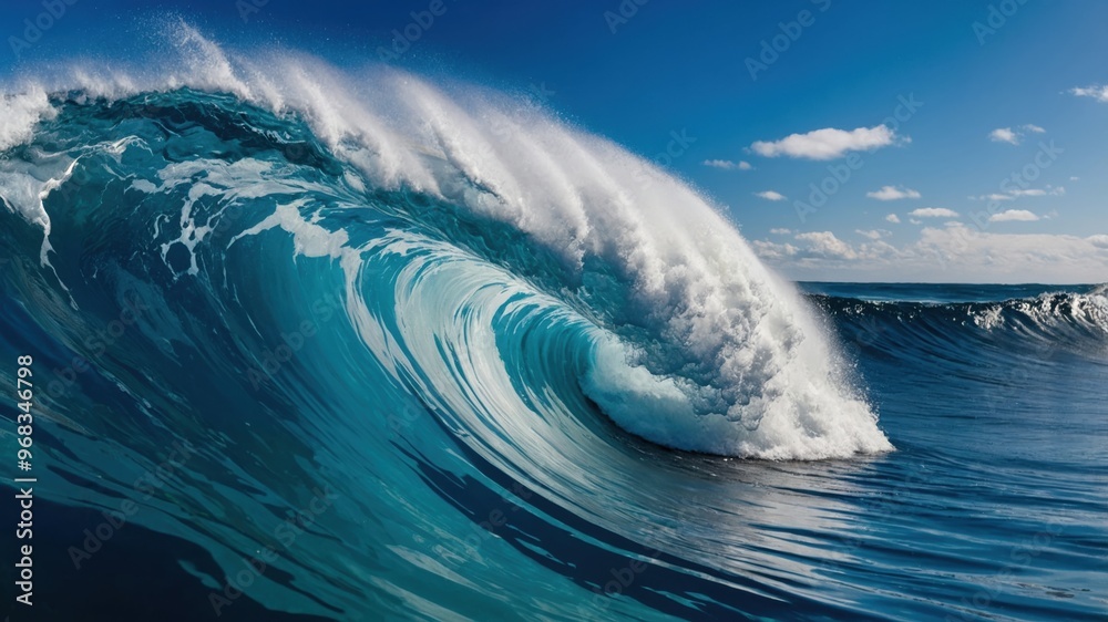 A powerful, massive ocean wave curls and crashes against the water ...