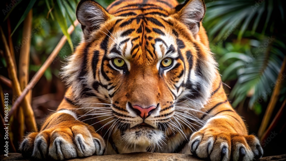 Naklejka premium A menacing feline face surveys its surroundings with precision-crafted claws, their razor-sharp tips glinting in the