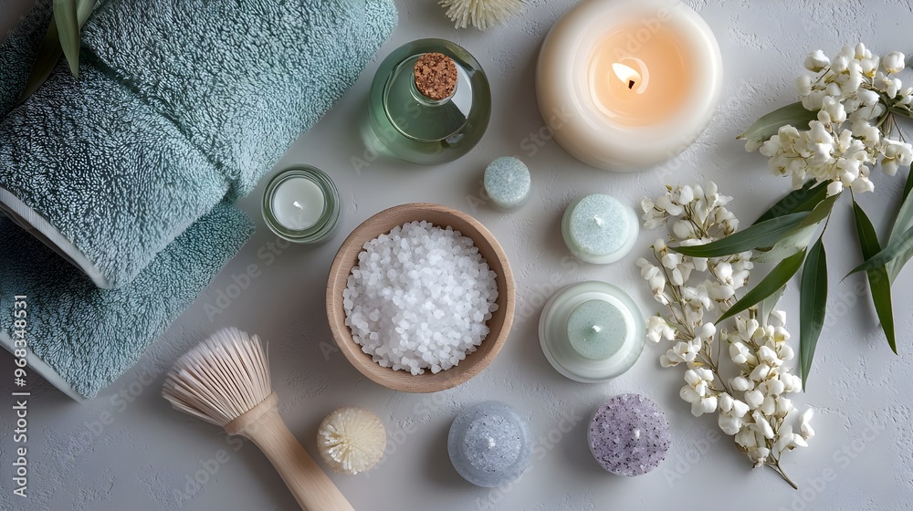 A relaxing flat lay of spa and wellness items, including scented candles, essential oils, a soft towel, and a small bowl of bath salts. A relaxing flat lay of spa and wellness items, including scented candles, essential oils, a soft towel, and a small bowl of bath salts.