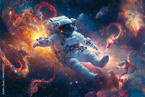 A side view of an astronaut floating in space