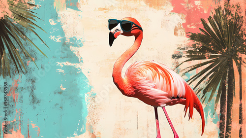 Abstract collage of a flamingo wearing sunglasses among palms, in a retro style, blending vintage and whimsy. Collage. Illustration