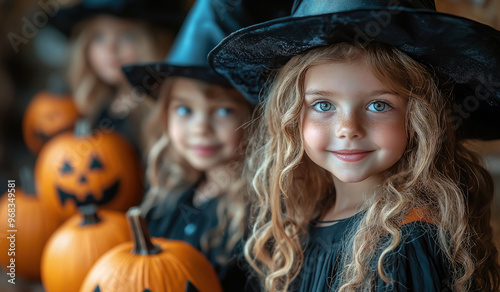 smiling kids in halloween costumes at party, skeleton, vampire, witch, children, kid, child, masquerade, portrait, october 31, all saints day, celebration, holiday, autumn, fall, girl, boy, childhood