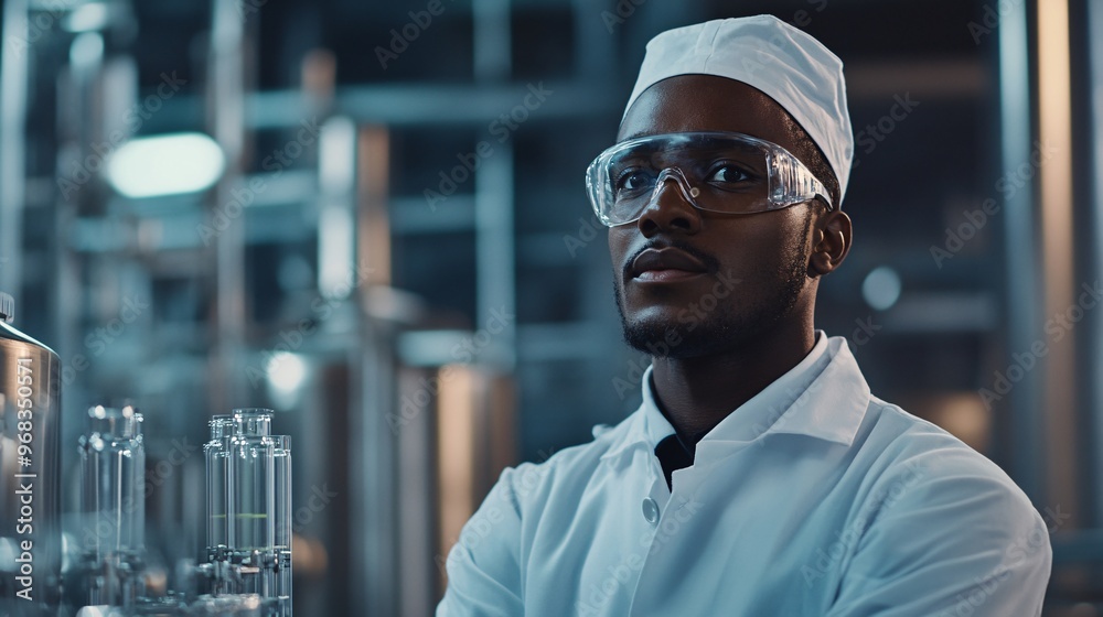 Focused Black male scientist in a lab coat and safety glasses, standing confidently in a modern laboratory. Focused Black male scientist in a lab coat and safety glasses, standing confidently in a modern laboratory.