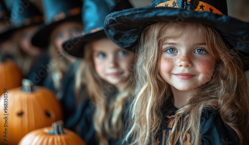 smiling kids in halloween costumes at party, skeleton, vampire, witch, children, kid, child, masquerade, portrait, october 31, all saints day, celebration, holiday, autumn, fall, girl, boy, childhood