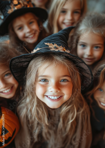 smiling kids in halloween costumes at party, skeleton, vampire, witch, children, kid, child, masquerade, portrait, october 31, all saints day, celebration, holiday, autumn, fall, girl, boy, childhood