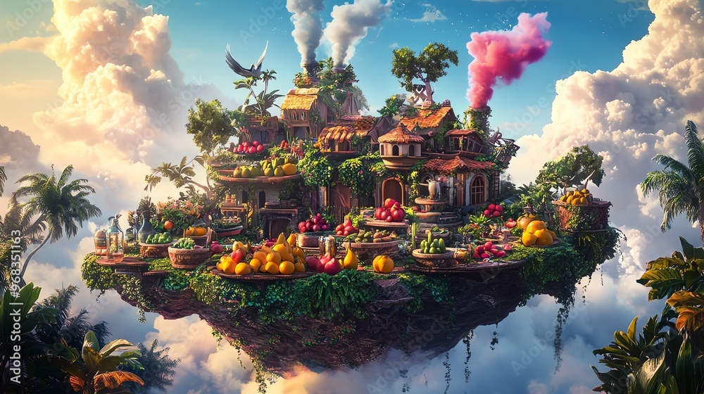 A whimsical side view of a floating island with lush gardens A whimsical side view of a floating island with lush gardens