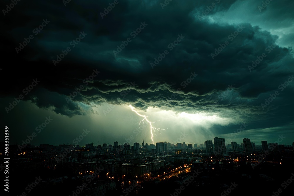 Dramatic storm clouds illuminated by lightning over a city skyline, capturing the intensity of nature's power and beauty. Dramatic storm clouds illuminated by lightning over a city skyline, capturing the intensity of nature's power and beauty.