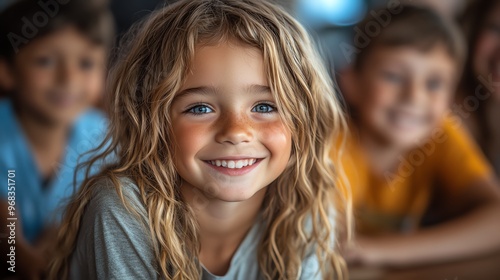 Smiling girl with blonde curly hair looking at the camera