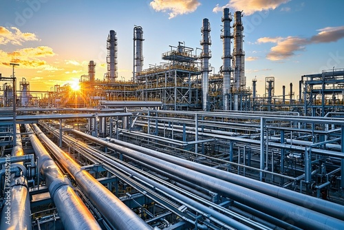 Industrial Refinery Complex at Sunset with Large Pipes