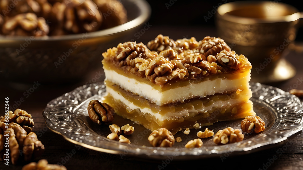 Close up of Delicious Luxurious Arabic Belewa with Nuts and Honey Filling – Traditional Middle Eastern Dessert Close up of Delicious Luxurious Arabic Belewa with Nuts and Honey Filling – Traditional Middle Eastern Dessert