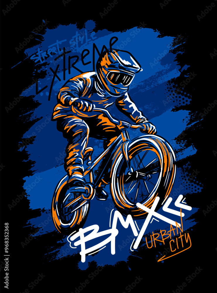Obraz premium Urban style modern t-shirt design with boy on bicycle BMX. Sport extreme grunge illustration for guys on black background. Graffiti words and street art