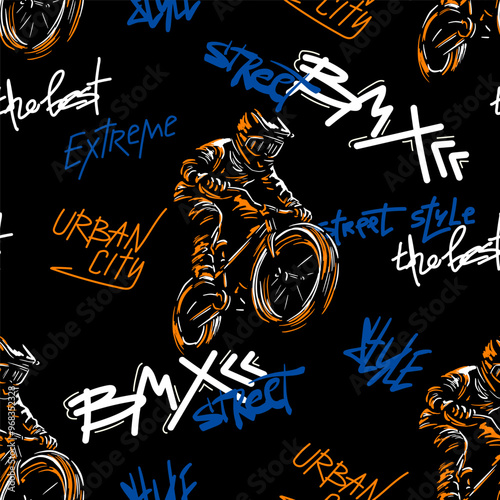 Abstract seamless grunge pattern for guys. Urban style modern background with boy on bicycle BMX and skateboards. Sport extreme style creative wallpaper