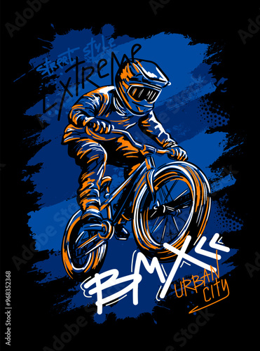 Urban style modern t-shirt  design with boy on bicycle BMX. Sport extreme grunge  illustration for guys on black background. Graffiti words and street art