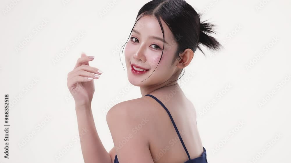 Slow motion of beautiful young Asian girl with k-beauty make up style on isolated white background. Healthy and fresh skin woman footage for cosmetic, skin care commercial advertising. Slow motion of beautiful young Asian girl with k-beauty make up style on isolated white background. Healthy and fresh skin woman footage for cosmetic, skin care commercial advertising.