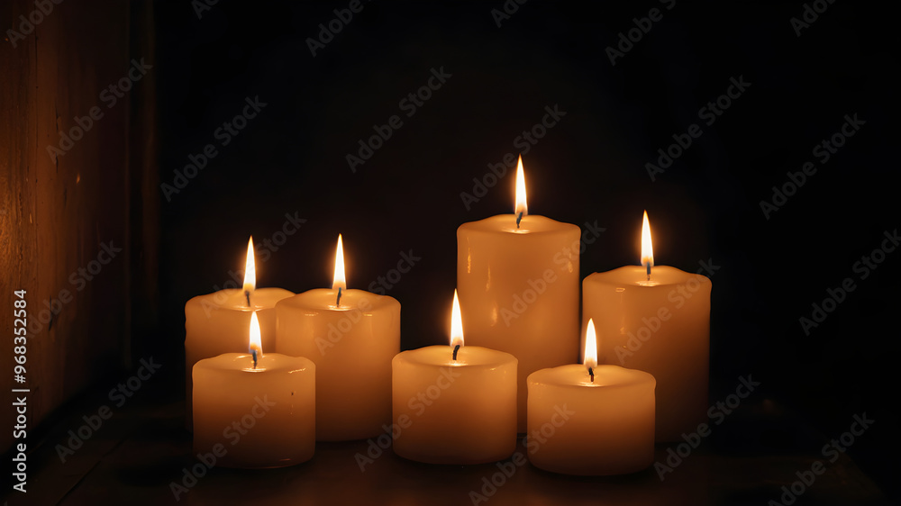 Glowing candles in a dark room, creating a warm and intimate atmosphere, cozy glowtime, peaceful and relaxing. Glowing candles in a dark room, creating a warm and intimate atmosphere, cozy glowtime, peaceful and relaxing.