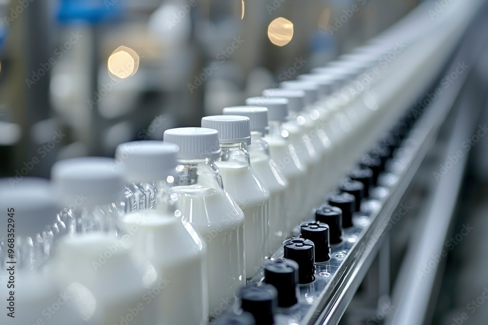 Closeup of Milk Bottles Moving Along a Conveyor Belt in a Factory