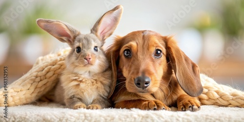 A soft brown rabbit and a playful long-haired dachshund puppy peacefully cohabitate on a worn rug, surrounded by photo