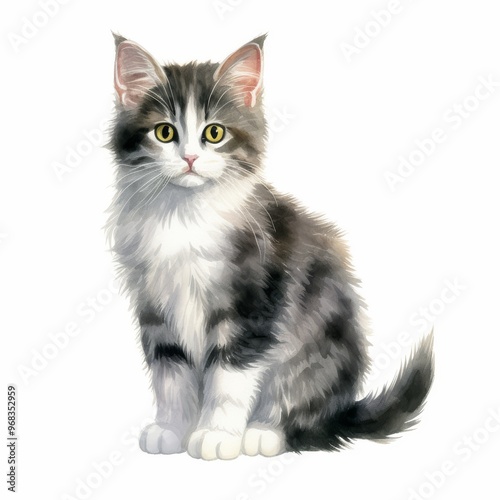Cute Fluffy Kitten Illustration - Adorable Gray and White Cat Art for Pet Lovers and Decor
