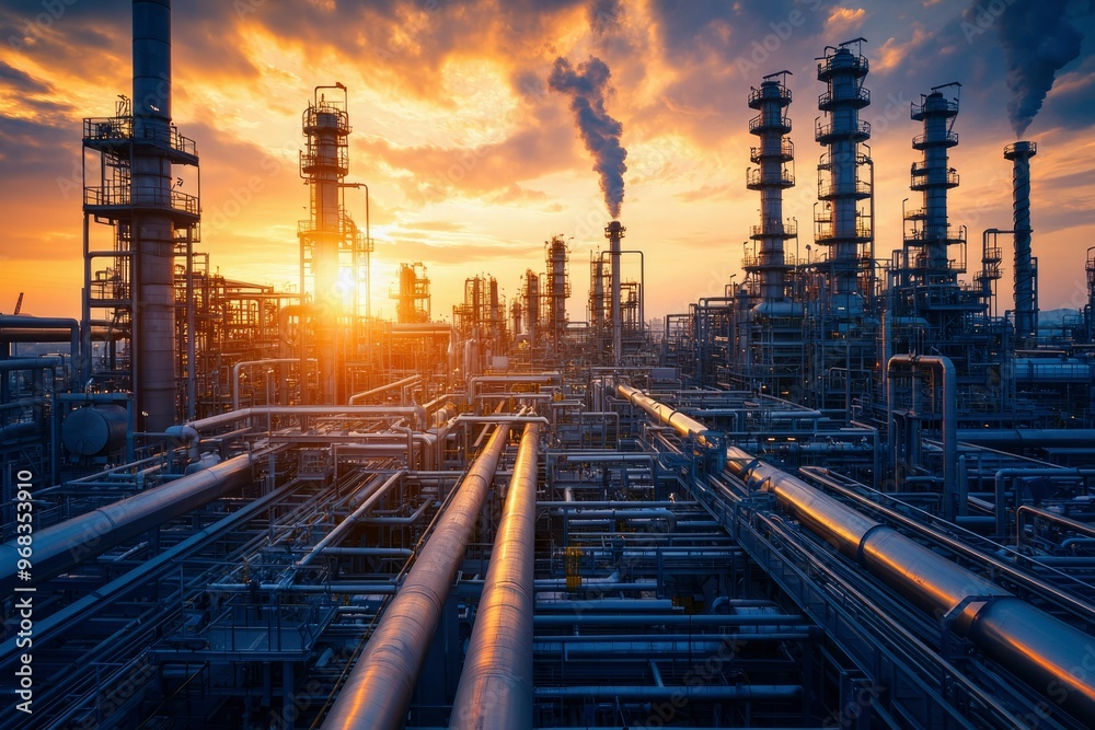 Industrial Complex at Sunset with Smoke and Pipelines Industrial Complex at Sunset with Smoke and Pipelines