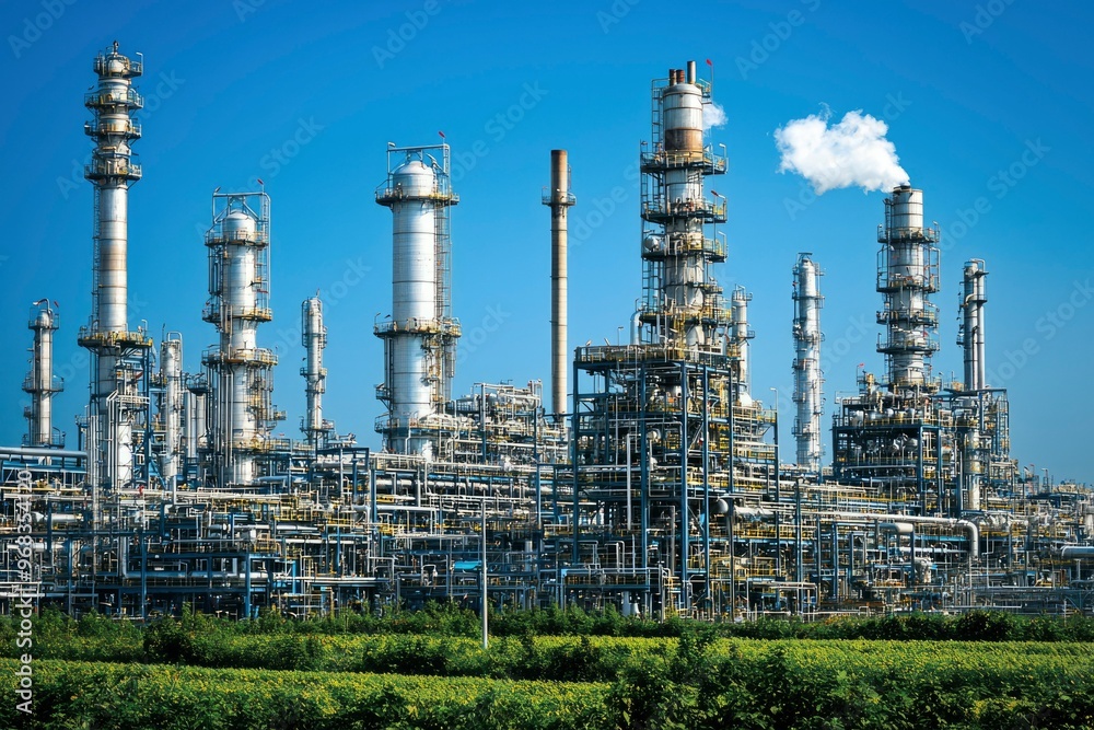 Obraz premium Industrial Complex with Tall Towers and Pipes Against a Blue Sky