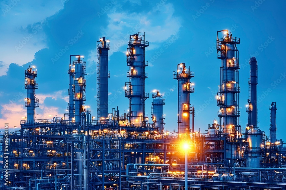Industrial Complex with Towers and Pipes at Dusk Industrial Complex with Towers and Pipes at Dusk