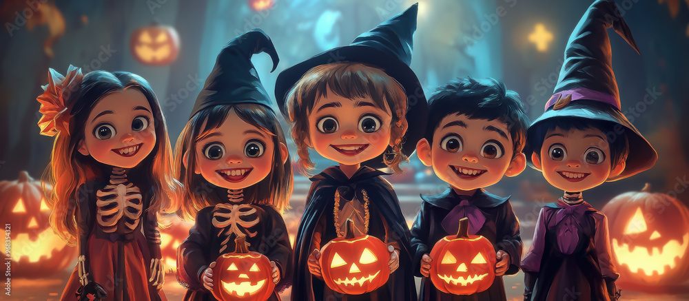 Obraz premium smiling kids in halloween costumes at party, skeleton, vampire, witch, children, kid, child, masquerade, portrait, october 31, all saints day, celebration, holiday, autumn, fall, girl, boy, childhood