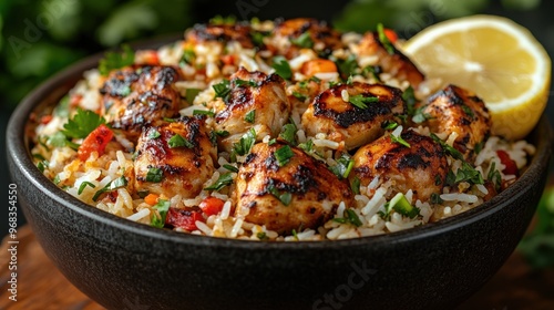 Grilled Chicken and Rice Bowl with Lemon Garnish