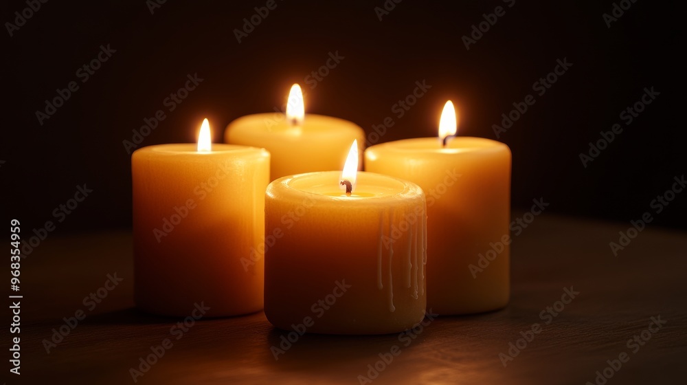 Four lit candles on a wooden surface Four lit candles on a wooden surface