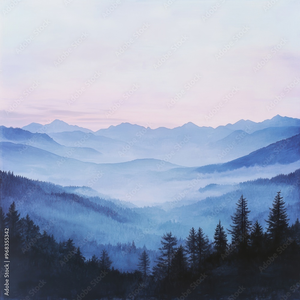 Serene mountain landscape at dawn, featuring misty valleys and silhouetted trees against a pastel sky. Serene mountain landscape at dawn, featuring misty valleys and silhouetted trees against a pastel sky.