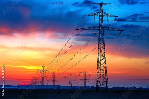 A high voltage power lines in a field at sunset