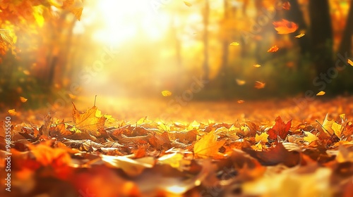 Golden Autumn Leaves on Forest Floor with Sunlight