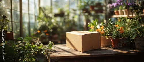 A cardboard box on a wooden table in a greenhouse.