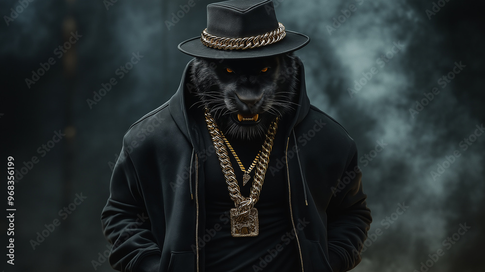 Fototapeta premium Black panther wearing gold chains and black hat posing in front of smoke