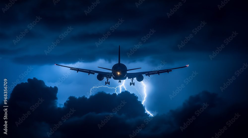 Passenger airplane flying through dramatic stormy weather at night Passenger airplane flying through dramatic stormy weather at night