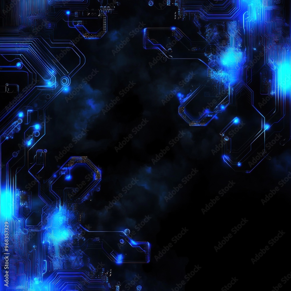 Abstract Electronic Circuitry Artwork with Blue Glow and Black Background Abstract Electronic Circuitry Artwork with Blue Glow and Black Background