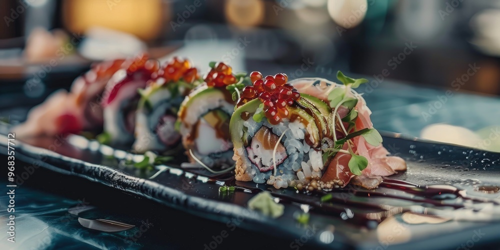 Elegant sushi roll topped with avocado and caviar accompanied by soy sauce on a modern plate Elegant sushi roll topped with avocado and caviar accompanied by soy sauce on a modern plate