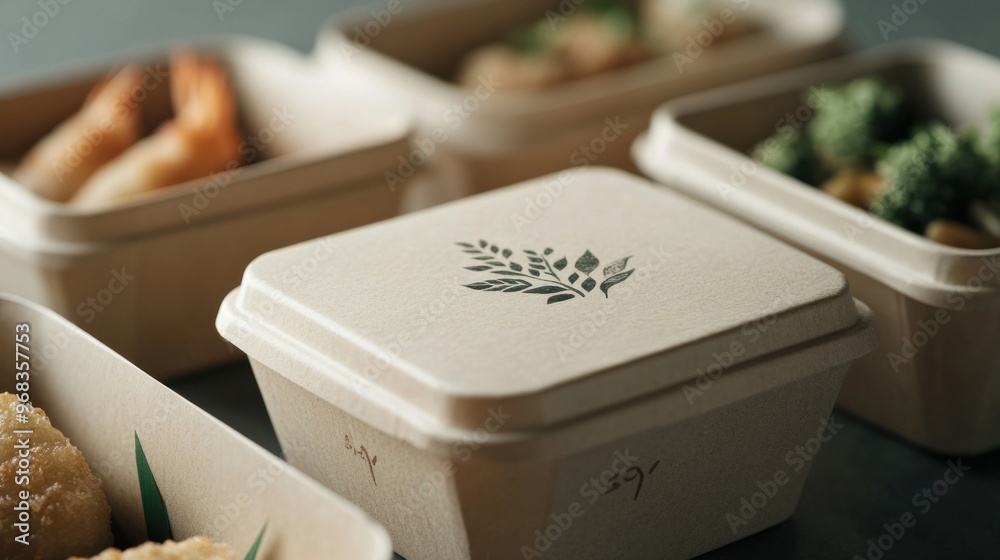Close-up of biodegradable packaging for take-out food, featuring eco-friendly branding. Close-up of biodegradable packaging for take-out food, featuring eco-friendly branding.