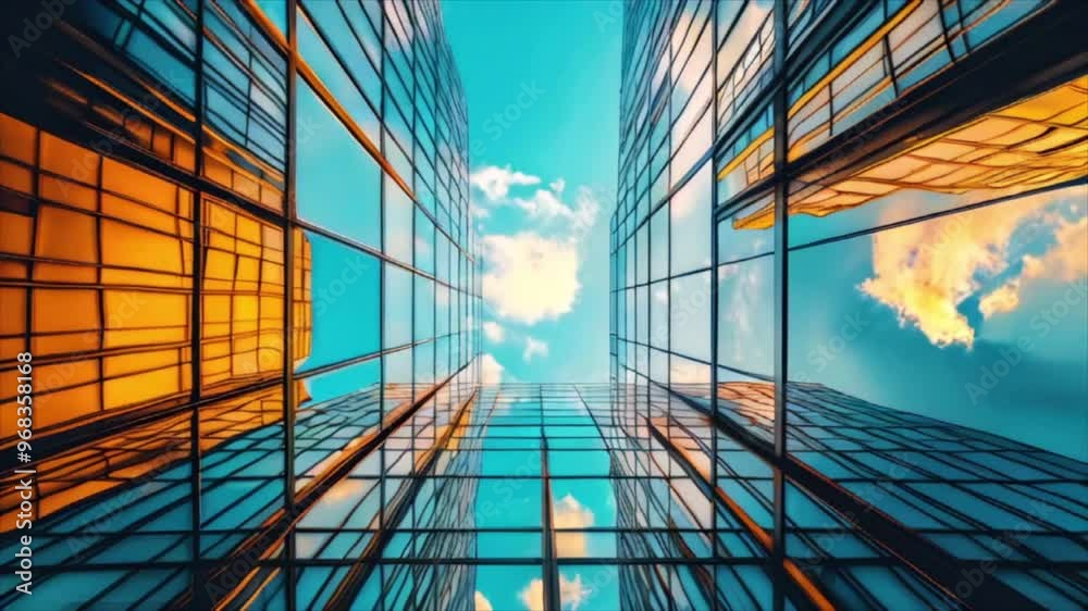 Low angle view of skyscraper with glass windows and blue sky background for business, trade and finance concept