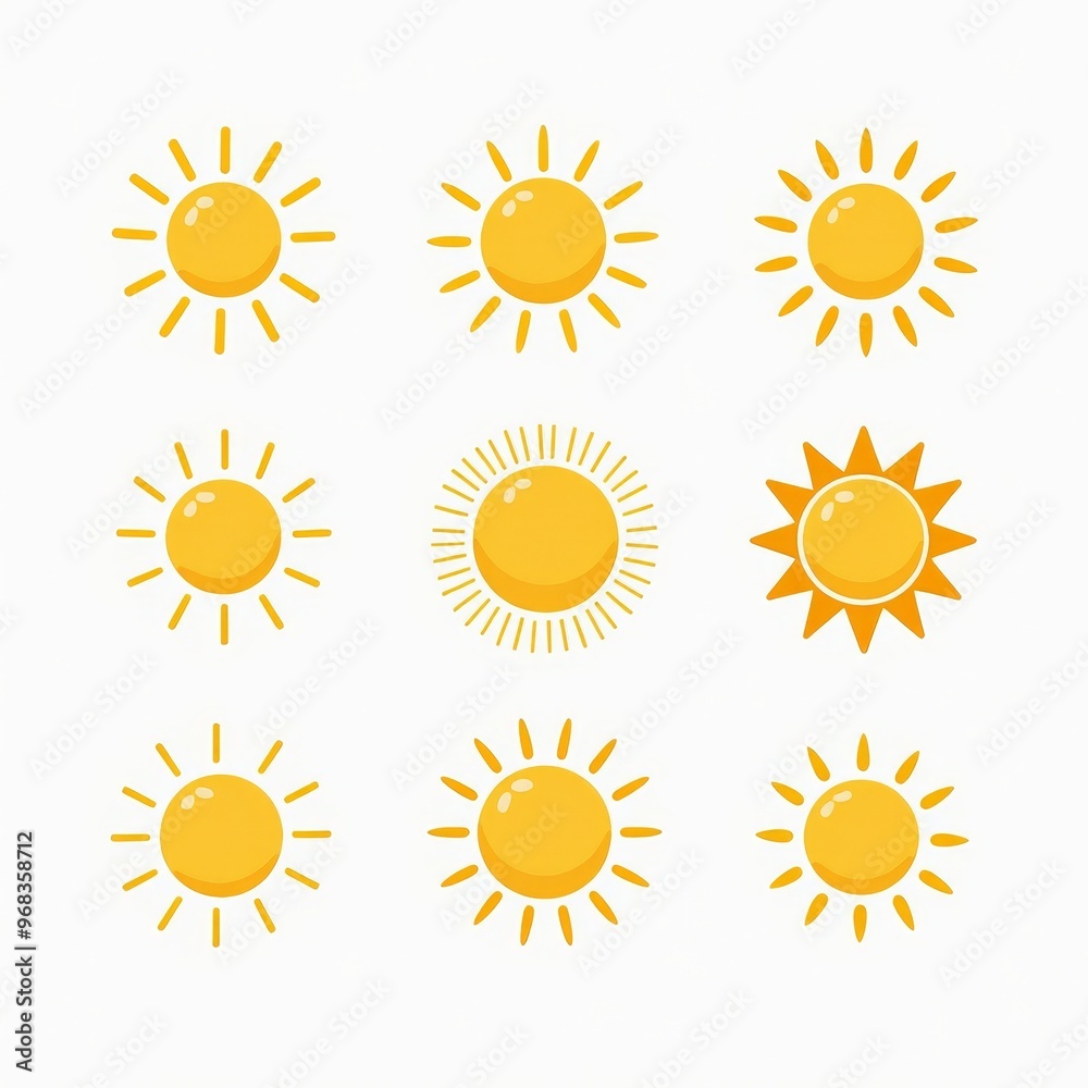 Bright Vector Sun Icons Collection - Set of Nine Unique Yellow Sun Illustrations for Weather Web Design, Apps, and Summertime Graphics Bright Vector Sun Icons Collection - Set of Nine Unique Yellow Sun Illustrations for Weather Web Design, Apps, and Summertime Graphics
