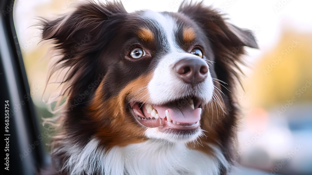 Fototapeta premium An Australian Shepherd dog leans out of a car window with a joyful expression, enjoying the thrill of a ride. 