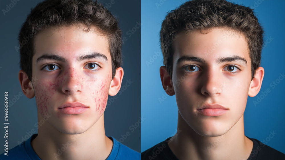 Teenage boy experiencing problems with acne before and after treatment ...