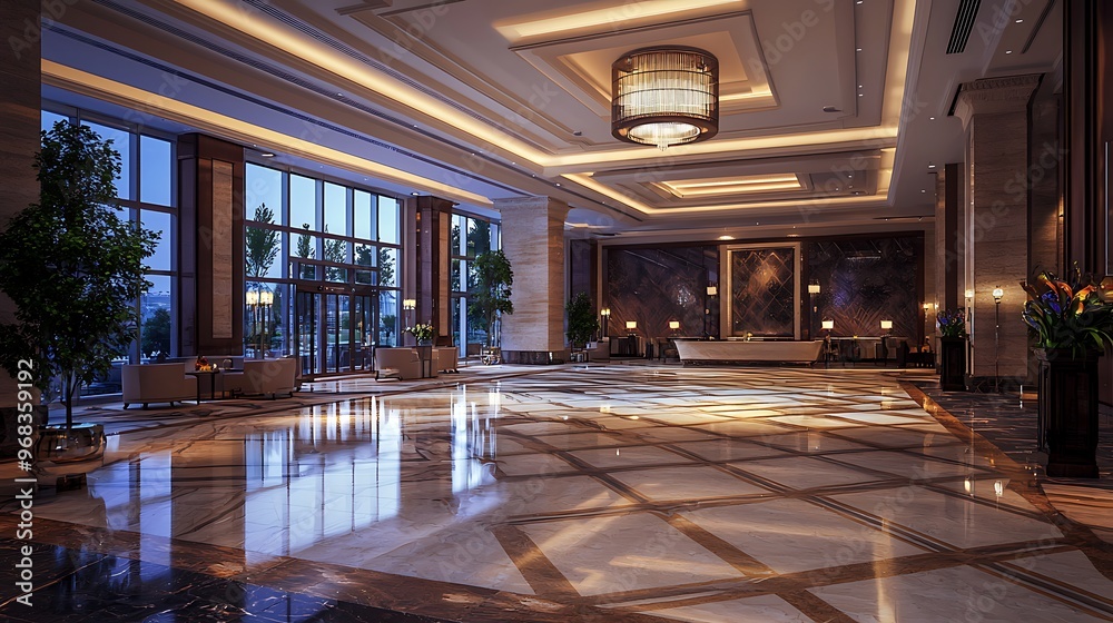 Upscale hotel lobby designed spaciously with luxurious amenities and chic interiors.