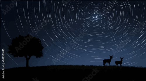 Starry night sky with swirling stars and silhouettes of deer, creating a serene and magical nocturnal landscape.
