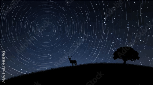 A starry night sky with swirling stars over a silhouette of a stag standing on a hilltop under a mesmerizing celestial display.