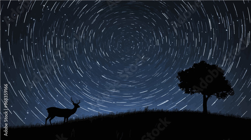 A swirling starry night sky over a lone tree and a stag silhouette, capturing the beauty of the night under a cosmic display.